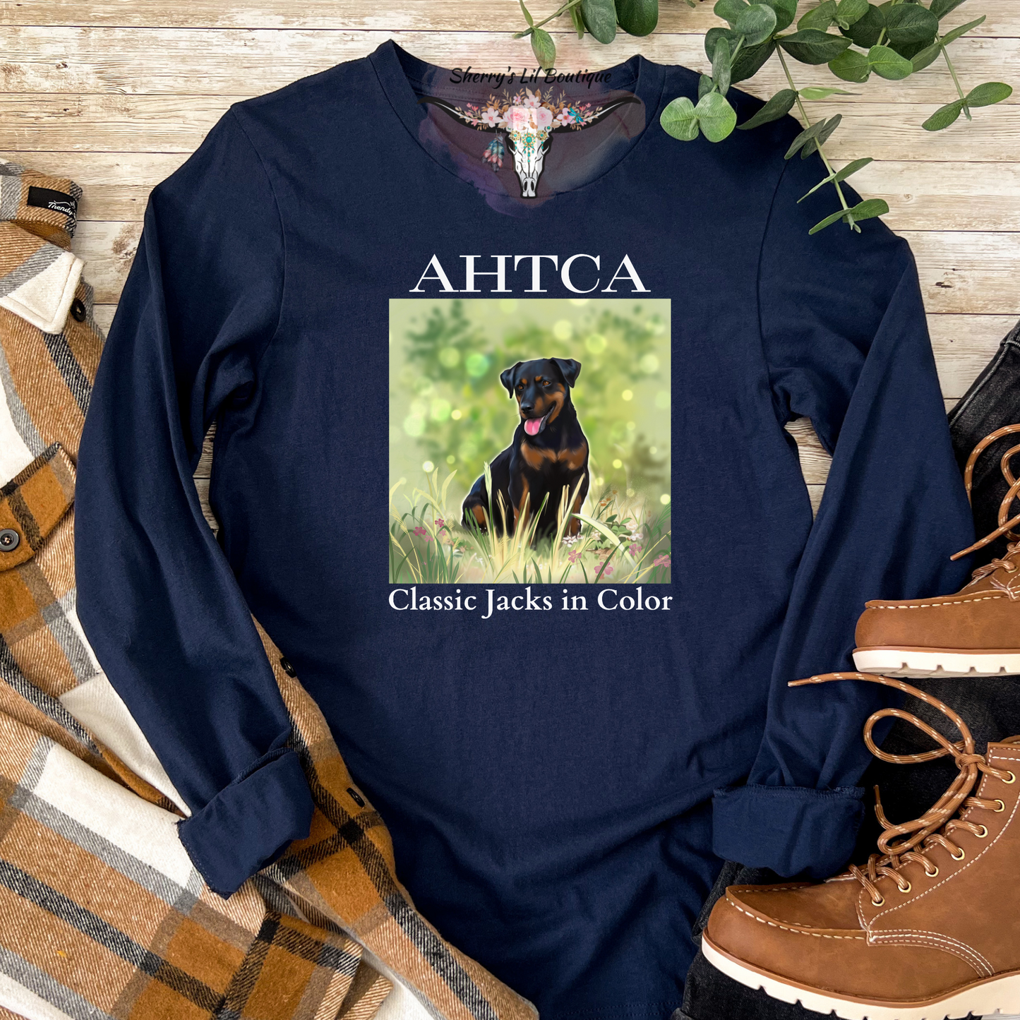 Navy long sleeve tee with AHTCA graphic design