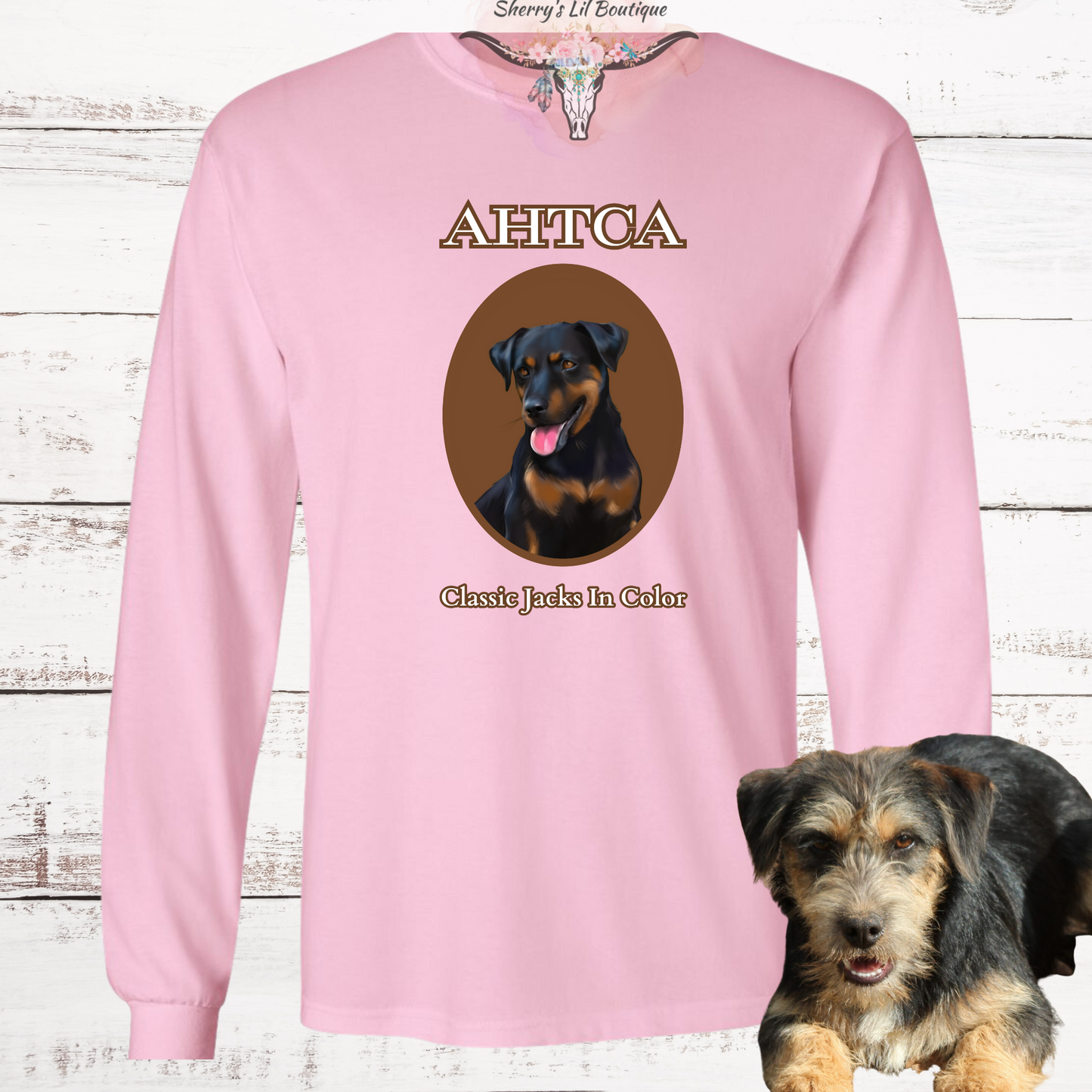 Pink long sleeve tee with AHTCA graphic design