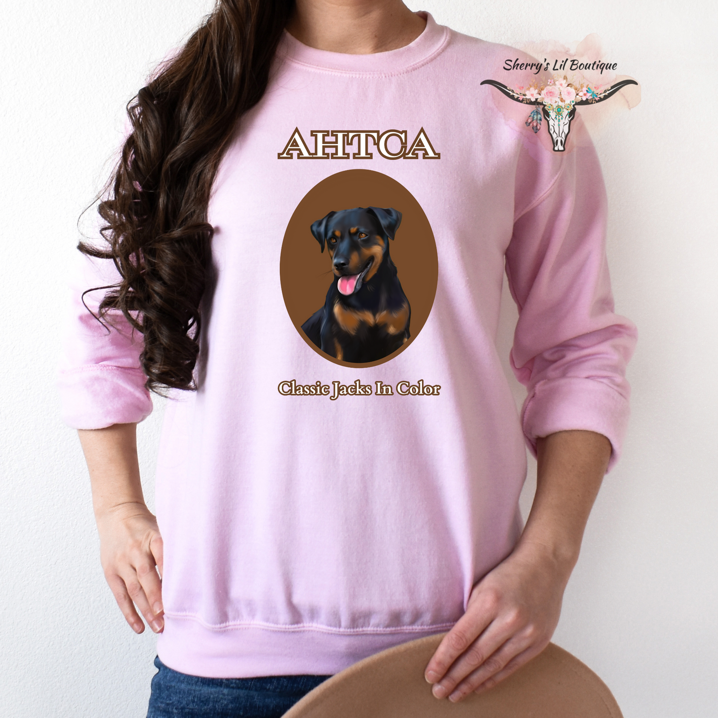 Pink sweatshirt with AHTCA graphic design