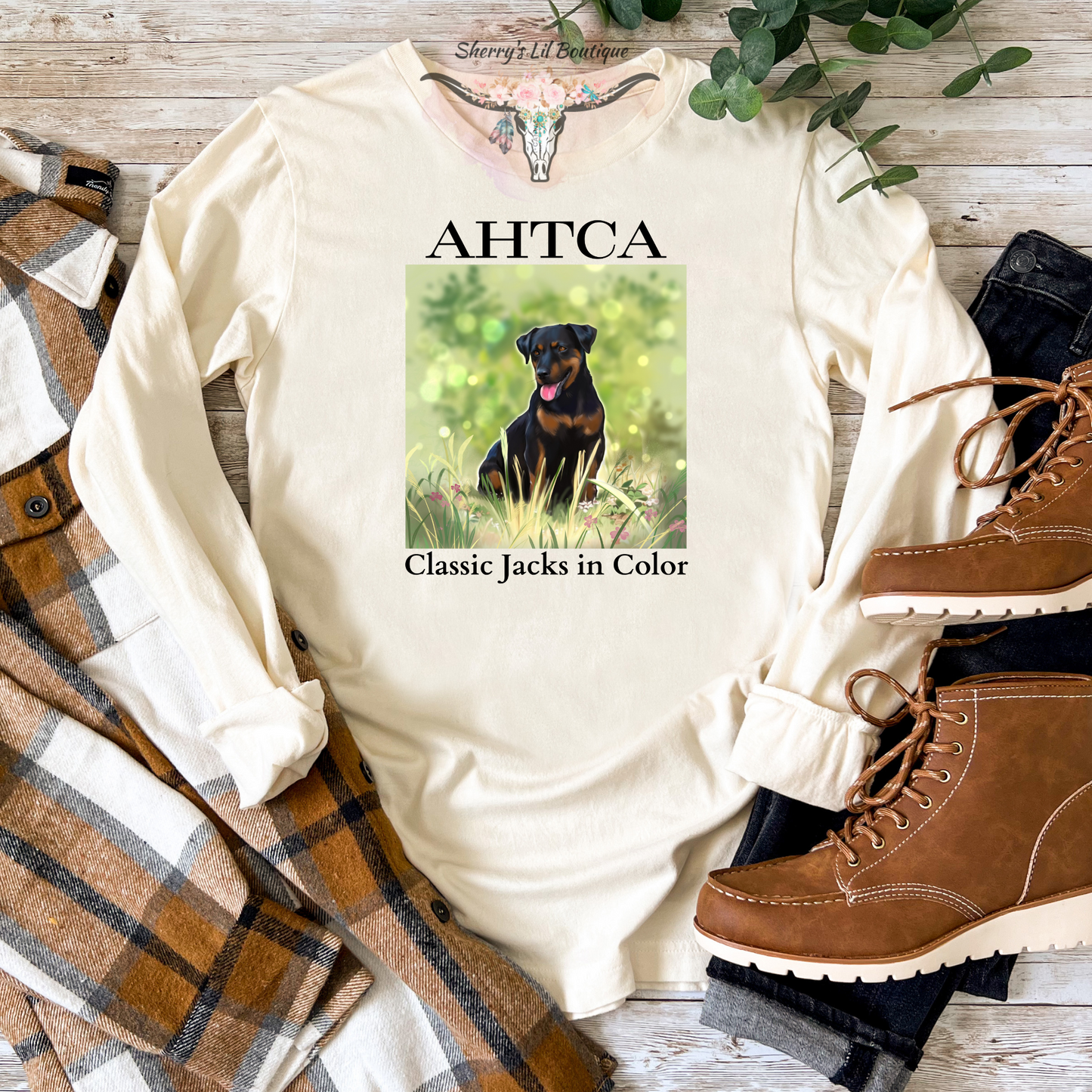 Sand long sleeve tee with AHTCA graphic design