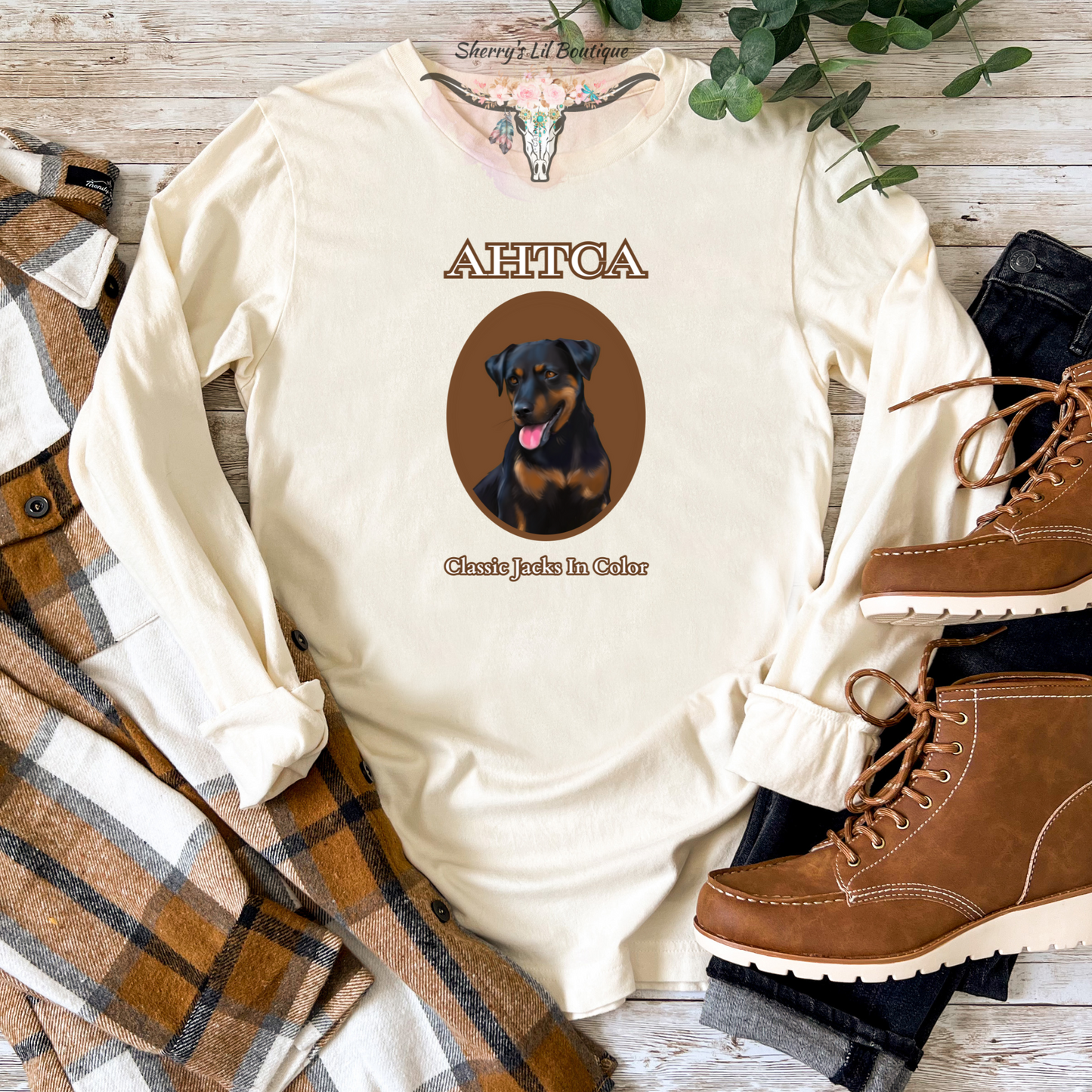 Sand long sleeve tee with AHTCA graphic design