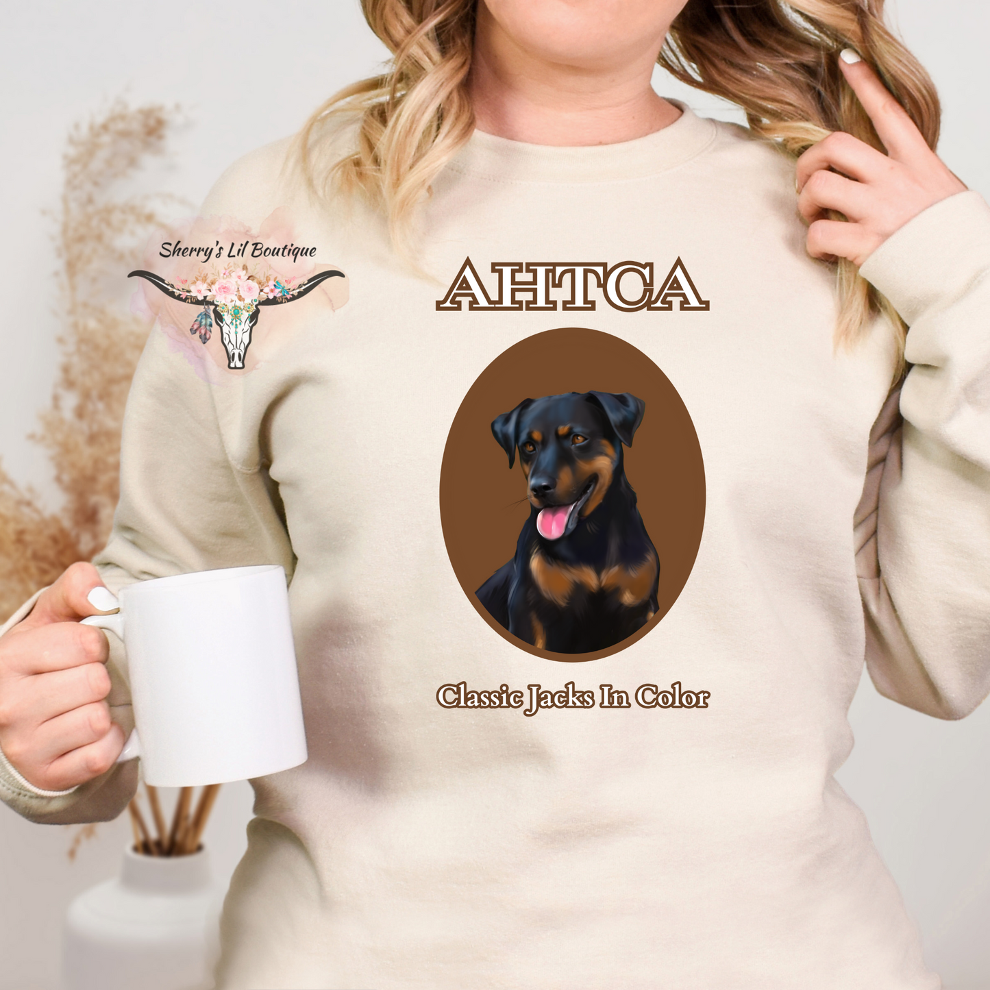 Sand sweatshirt with AHTCA graphic design