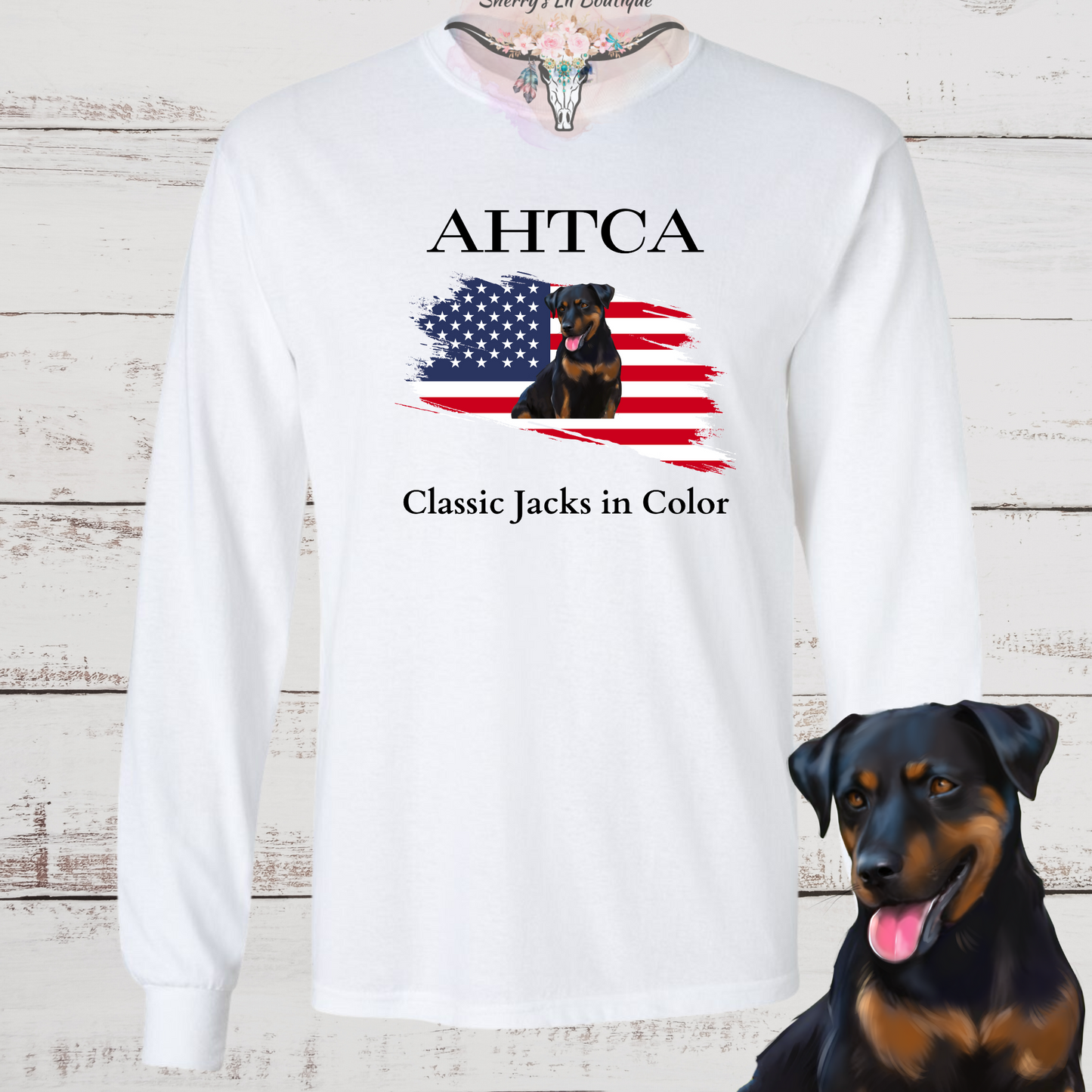 White long sleeve tee with AHTCA graphic design