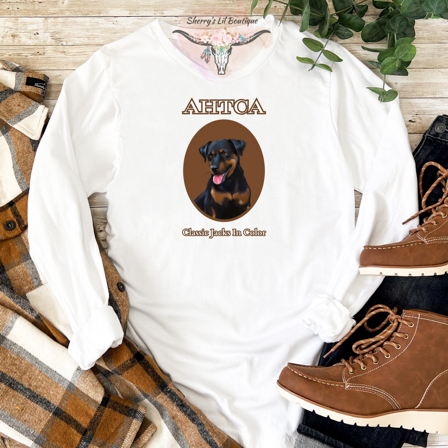 White long sleeve tee with AHTCA graphic design