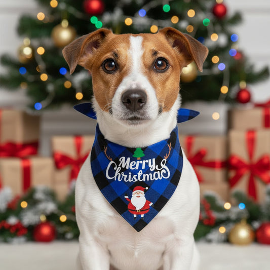 Blue and black checkered dog bandana with 'Merry Christmas' text and Santa Claus illustration on a white background.