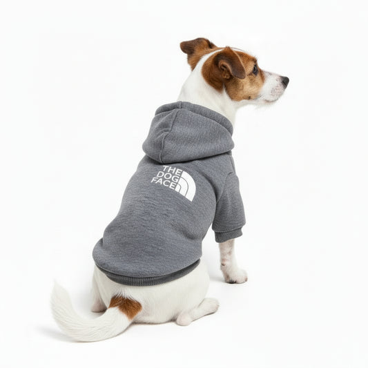 Gray dog hoodie with 'The Dog Face' logo on a white background